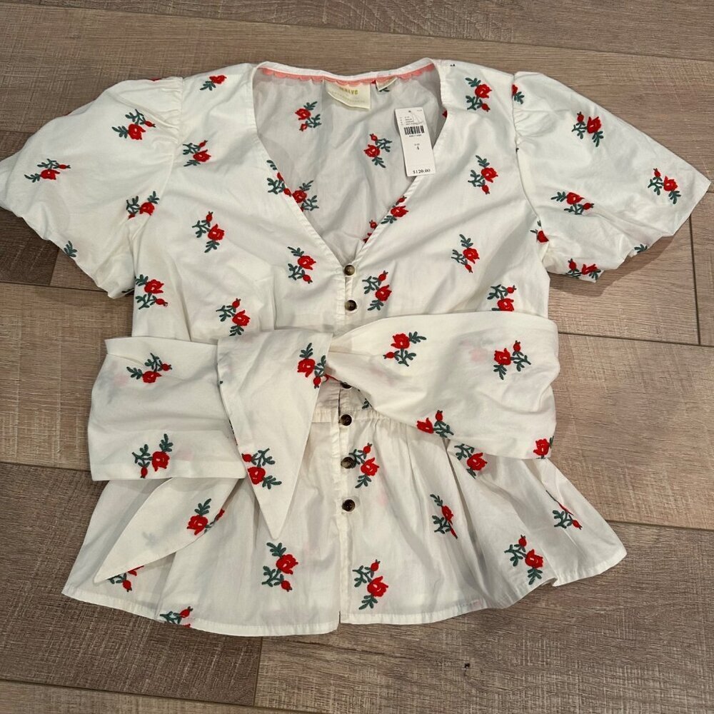 MAEVE BY ANTHROPOLOGIE WHITE FLORAL BLOUSE NEW SIZE 4